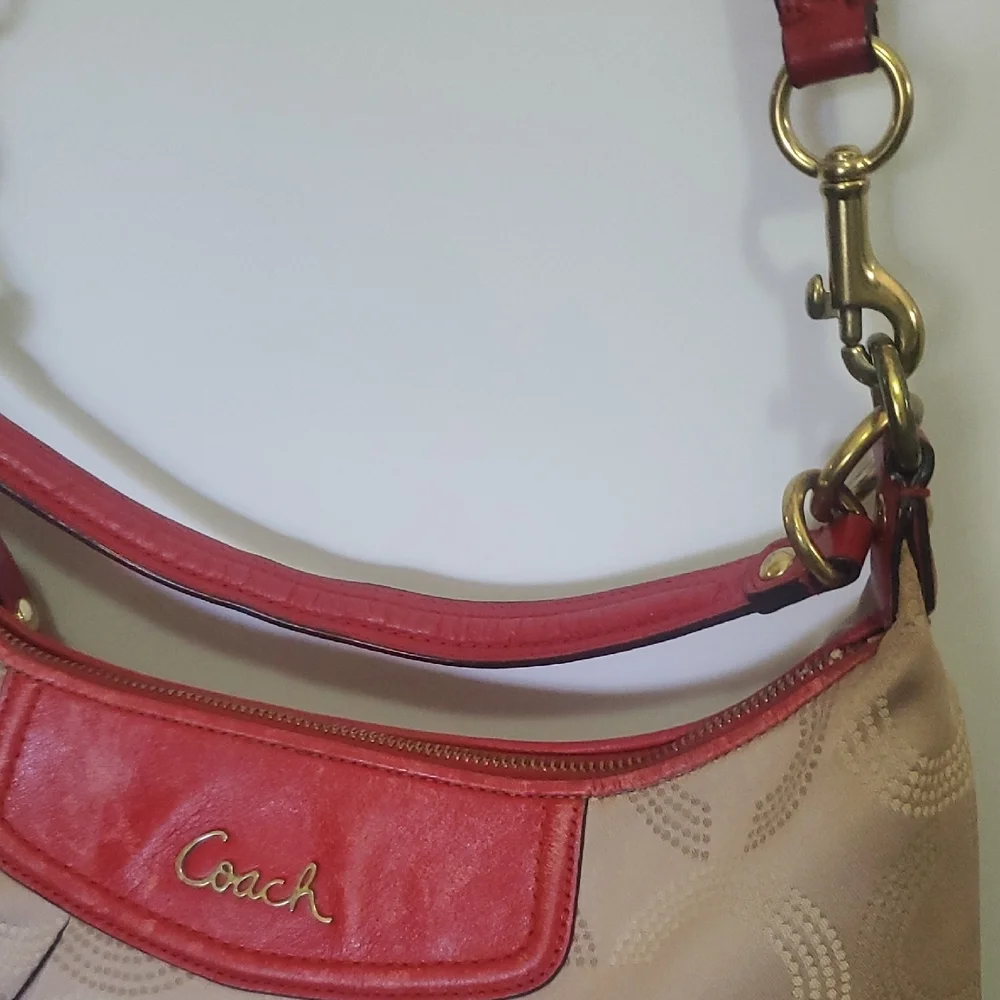 Coach Ashley Dotted Op Convertible Tan Red Bag Signature C Detail Sze 14.5 X 9.5